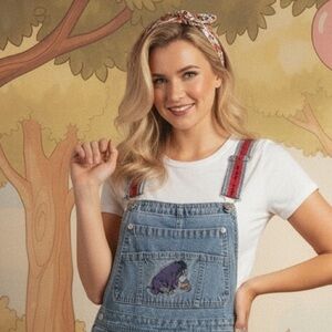 Vintage Disney Store Eeyore & Mushrooms Embroidered Denim Overalls, L, Preowned